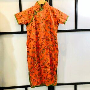 Girls' / Child Cheong Sam / Qipao Cotton Dress Orange / Metallic Print Size 5-6